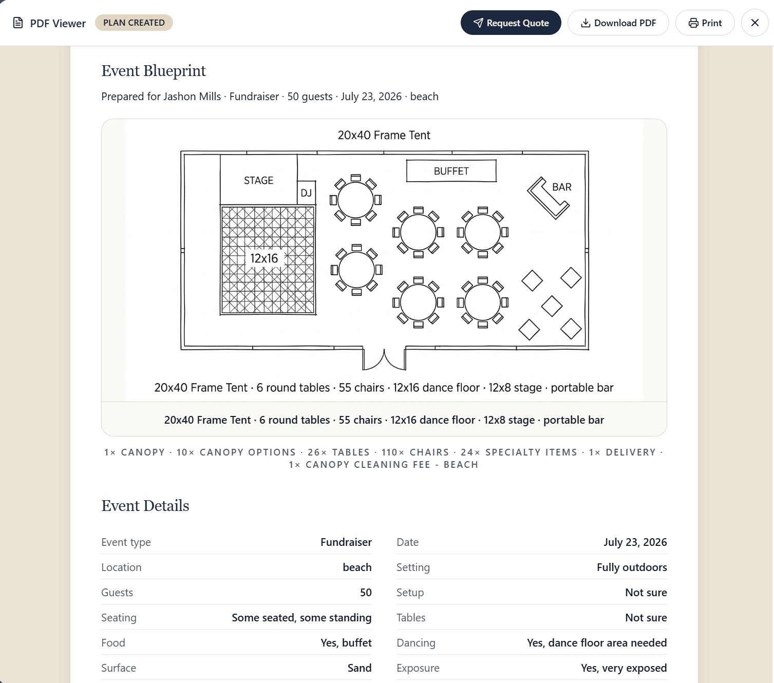 AI-generated event blueprint from Event Rental OS showing a tent layout diagram, item list, and event details