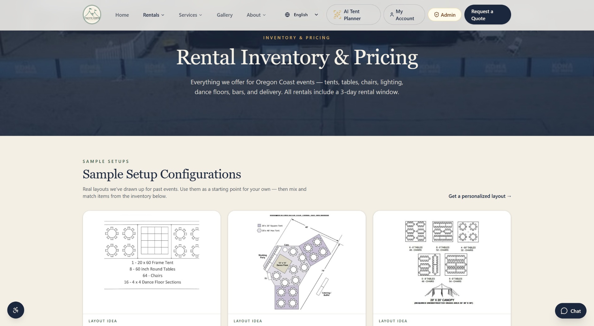 Event Rental OS public website showing the rental inventory and pricing page with sample setup configurations