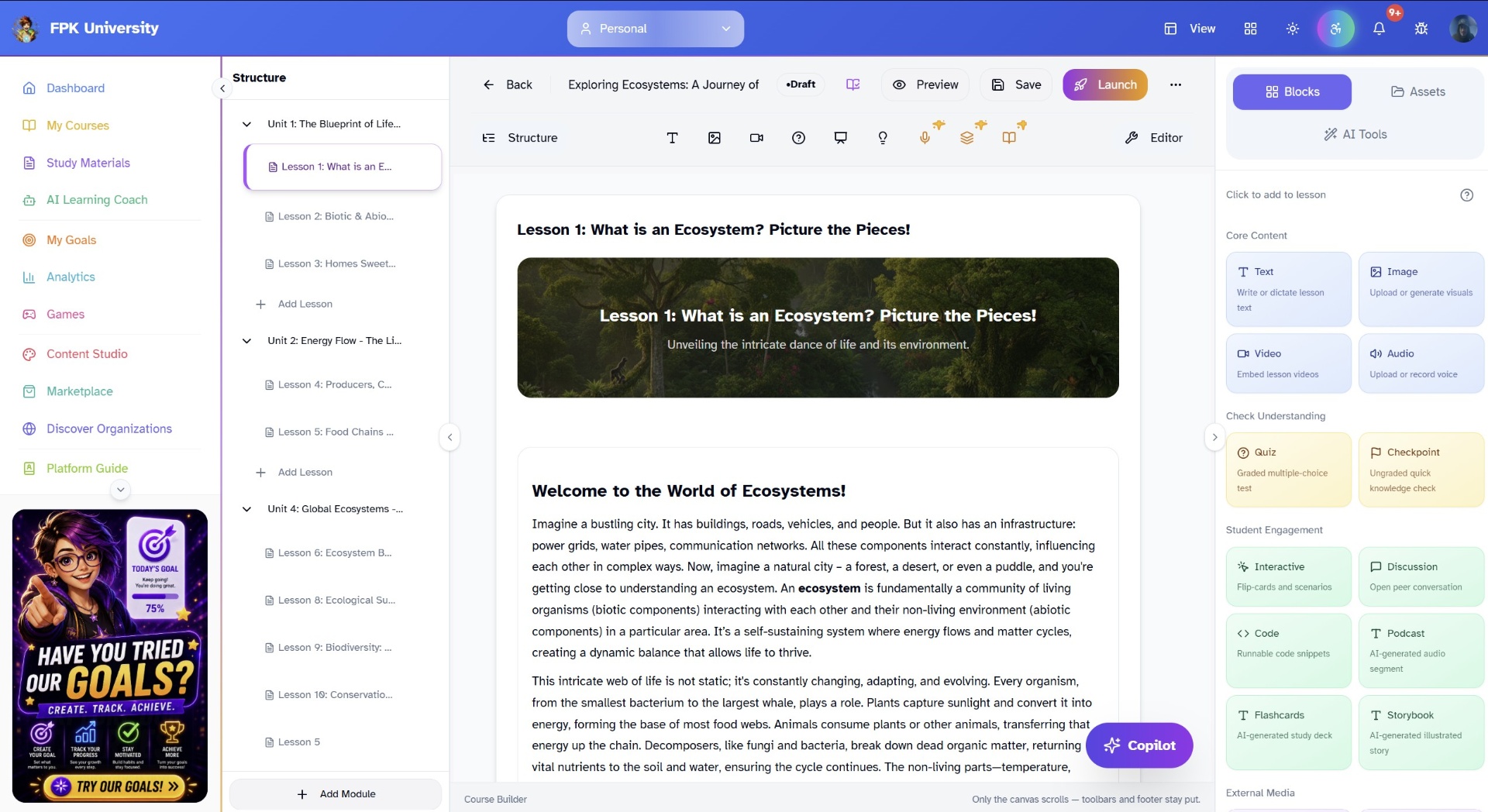 FPK University course builder with unit and lesson structure, a lesson editing canvas, and a palette of content blocks and AI tools