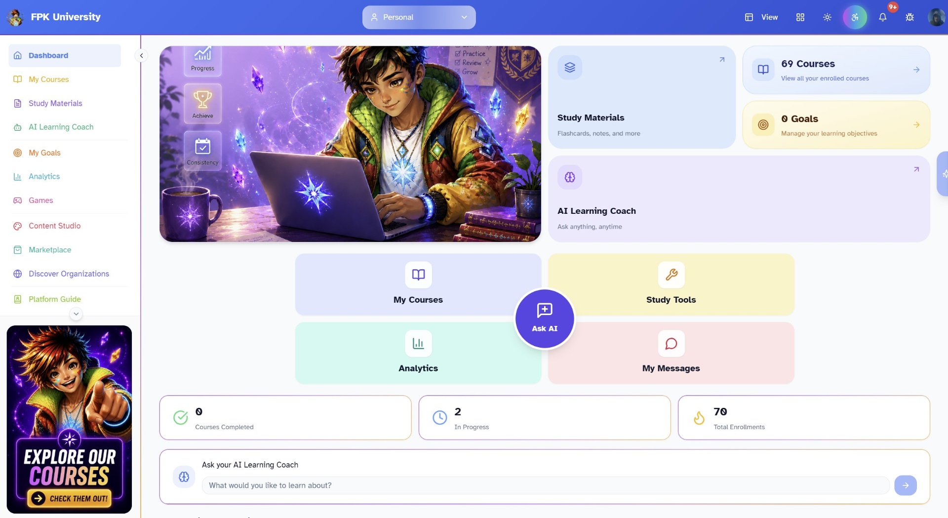 FPK University dashboard with enrolled courses, study materials, and the AI Learning Coach