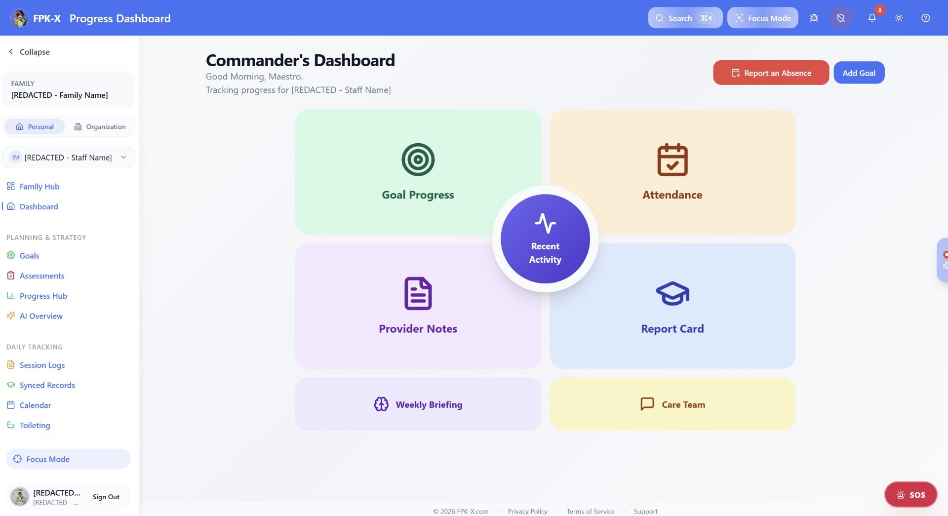 FPKX Commander's Dashboard with tiles for goal progress, attendance, provider notes, report card, and care team