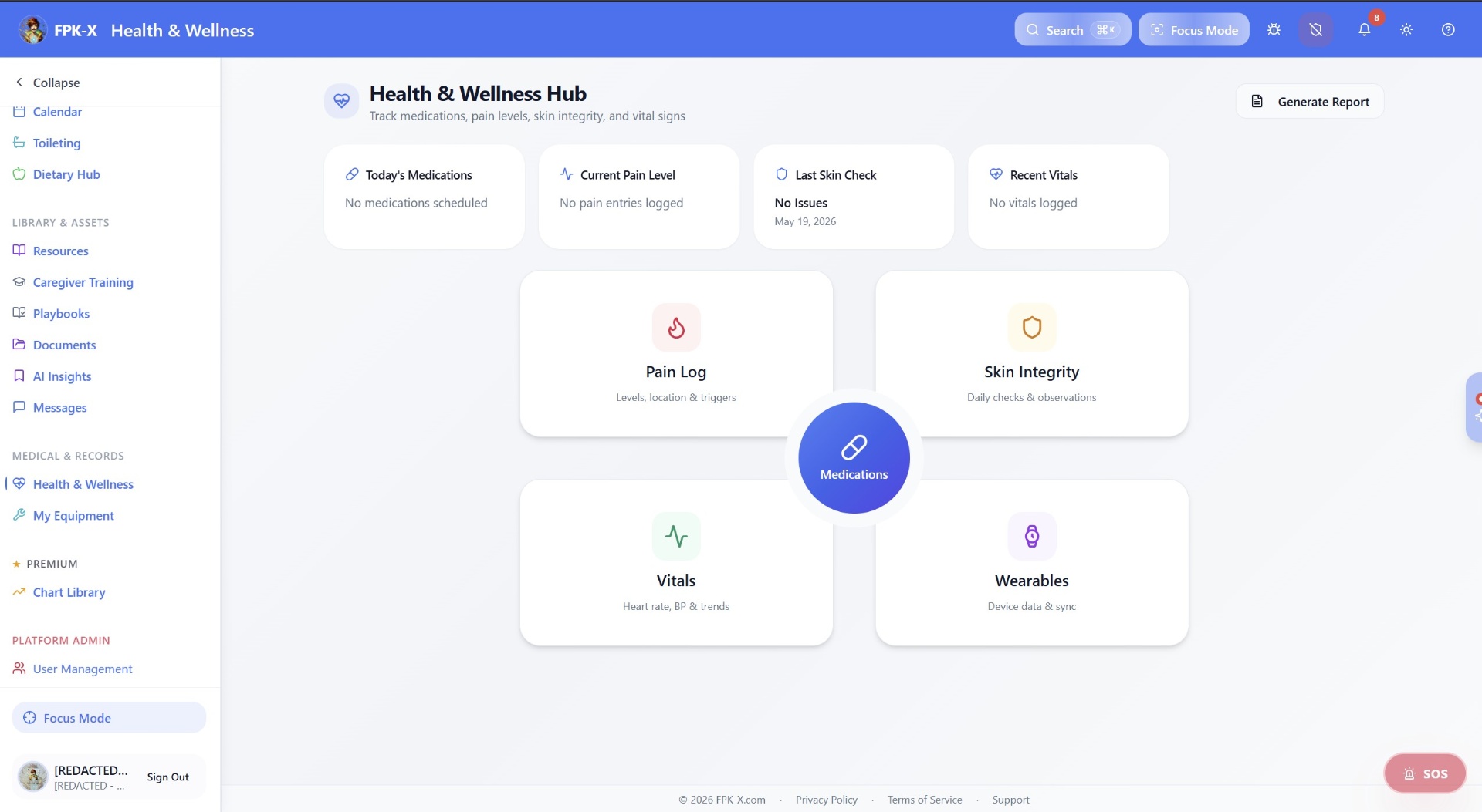 FPKX Health & Wellness Hub tracking medications, pain log, skin integrity, vitals, and wearable device data